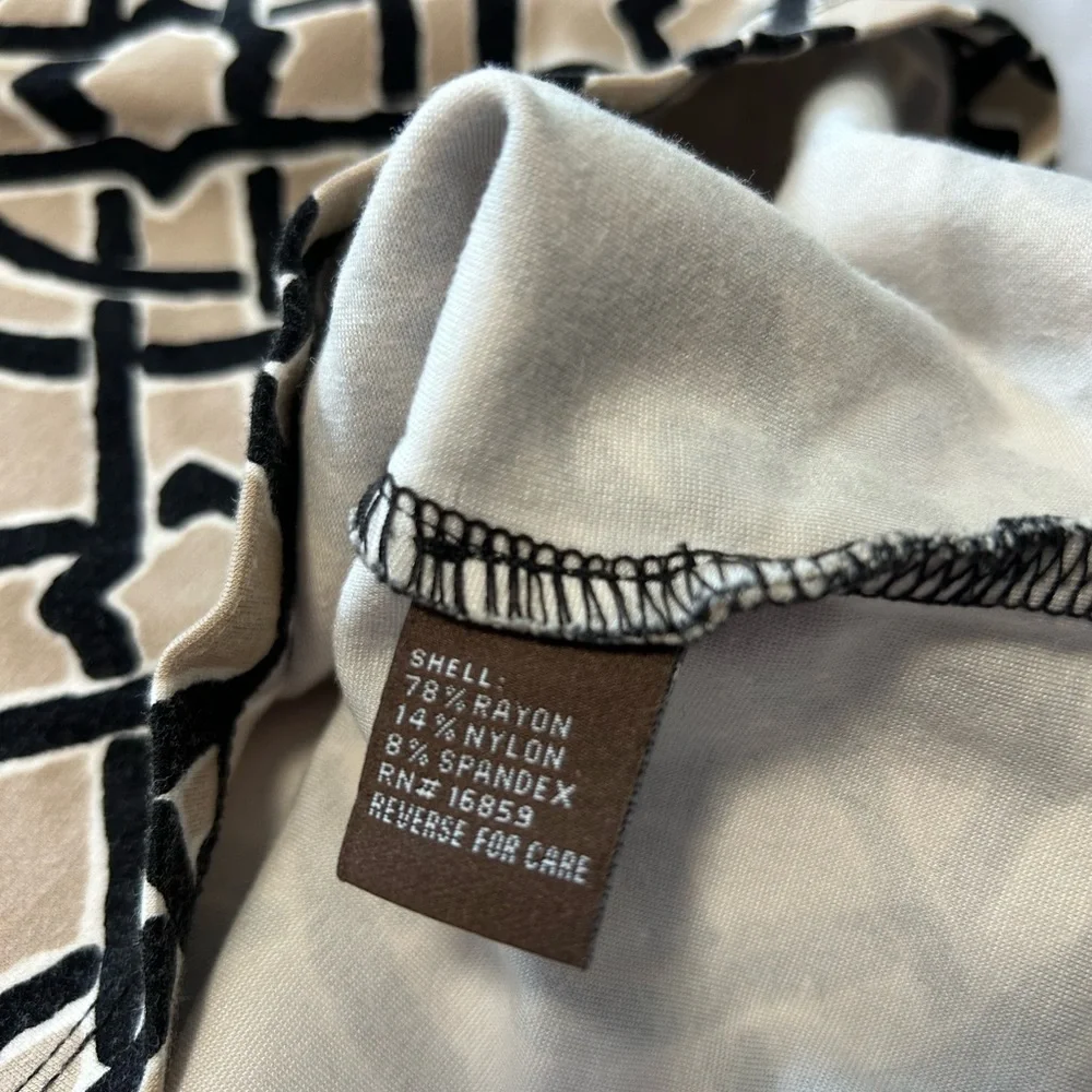 J McLaughlin Devon Ponte Knit Black & Tan Scribe Print Dress Size M